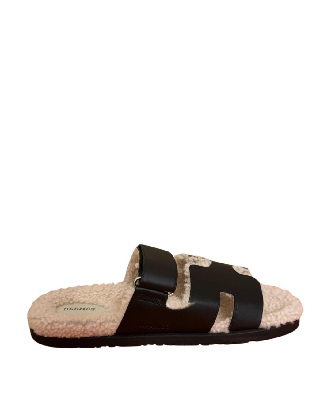 HERMES Черные кожаные шлепанцы, фото 1
