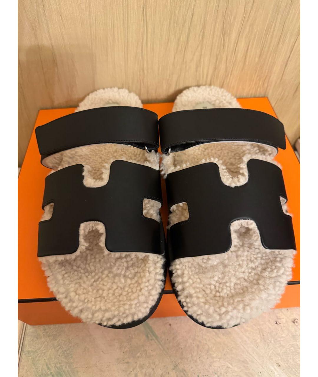 HERMES Черные кожаные шлепанцы, фото 2
