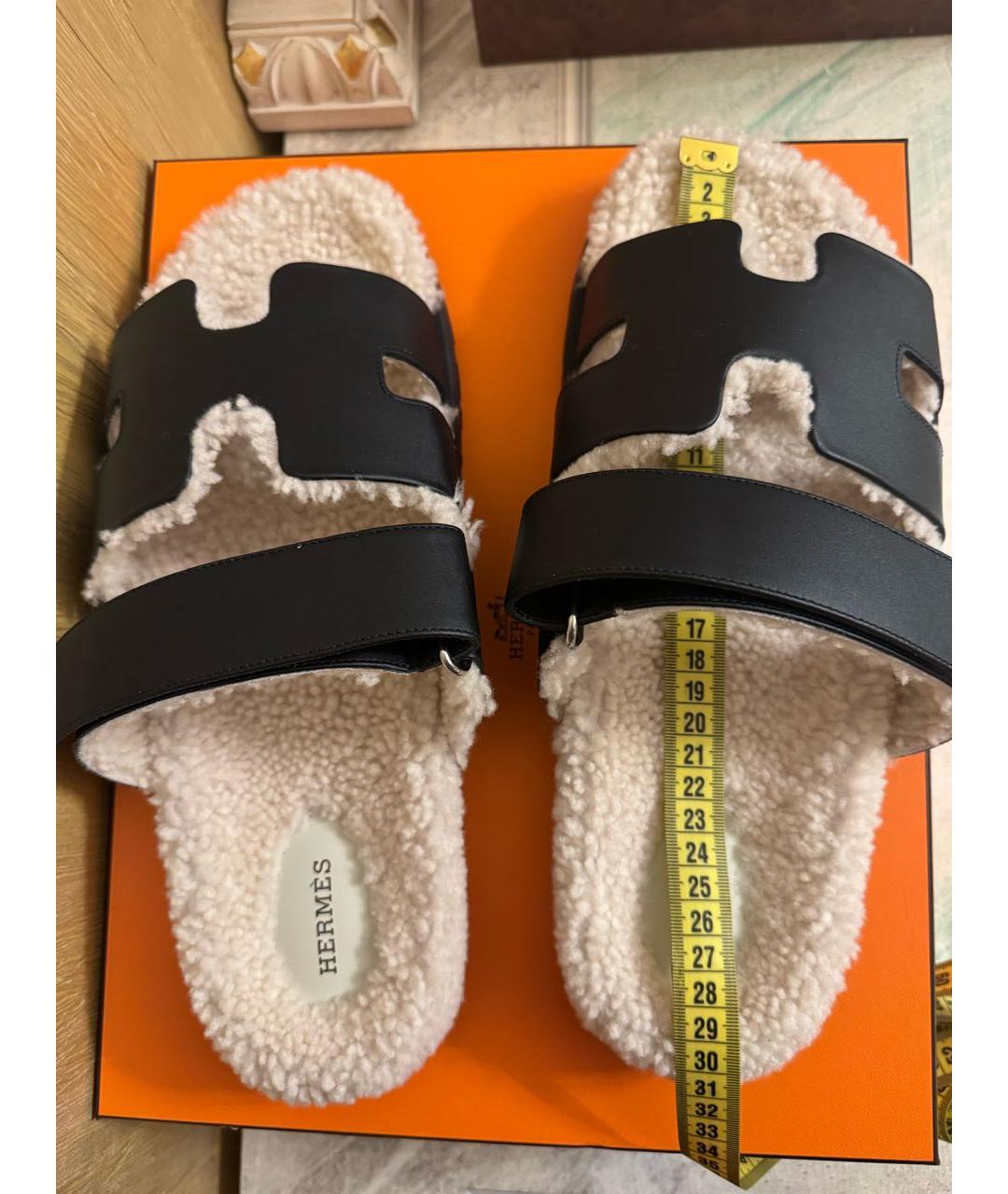 HERMES Черные кожаные шлепанцы, фото 6