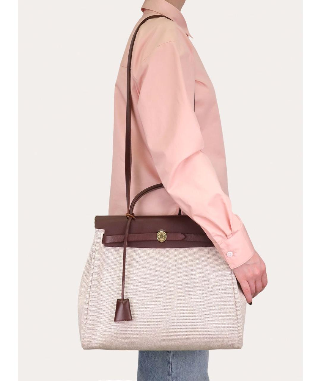 HERMES Коричневая тканевая сумка с короткими ручками, фото 8