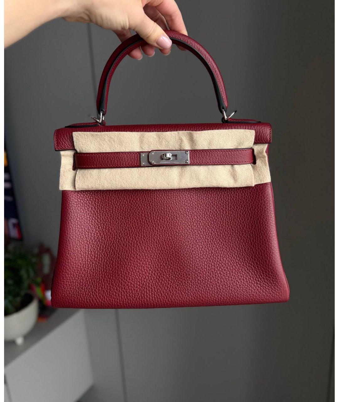 HERMES Бордовая кожаная сумка с короткими ручками, фото 2