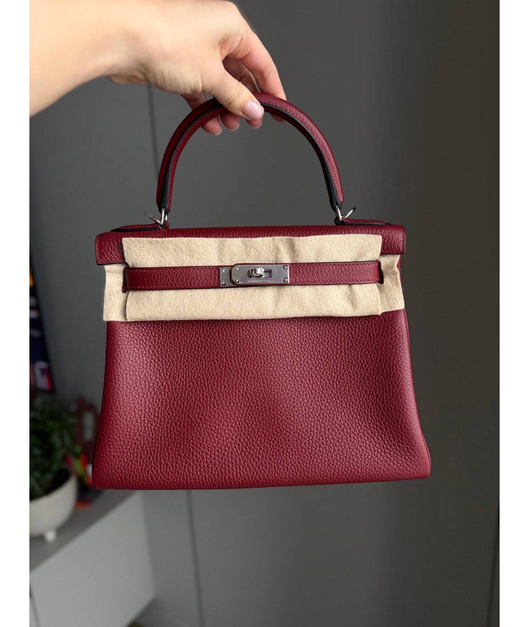 HERMES Бордовая кожаная сумка с короткими ручками, фото 3