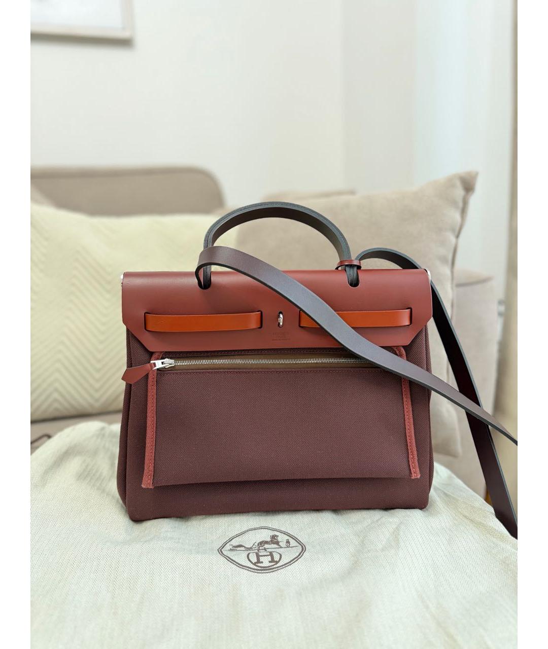 HERMES Бордовая тканевая сумка с короткими ручками, фото 4
