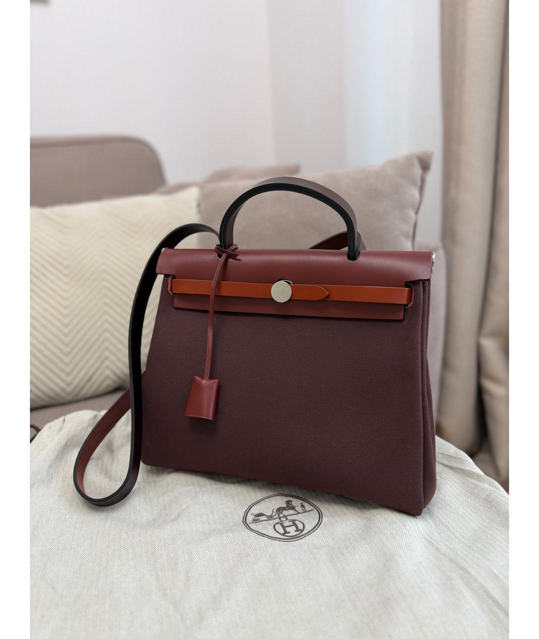 HERMES Бордовая тканевая сумка с короткими ручками, фото 2