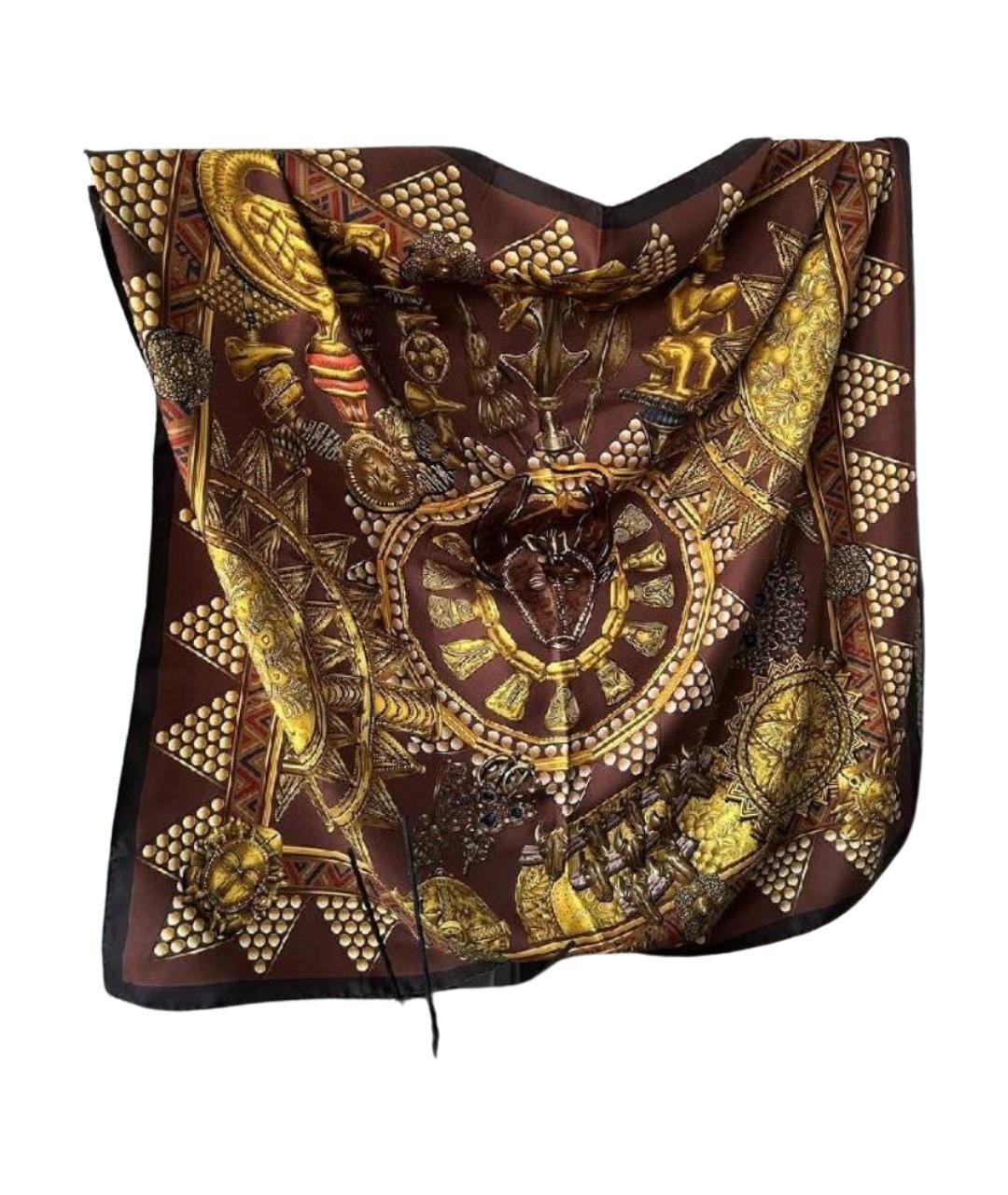 HERMES Коричневый шелковый платок, фото 1