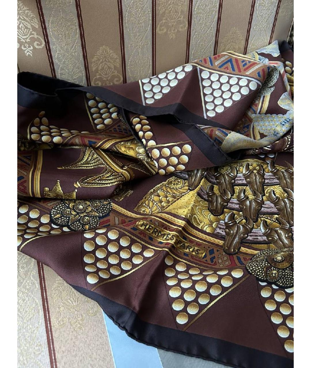 HERMES Коричневый шелковый платок, фото 4