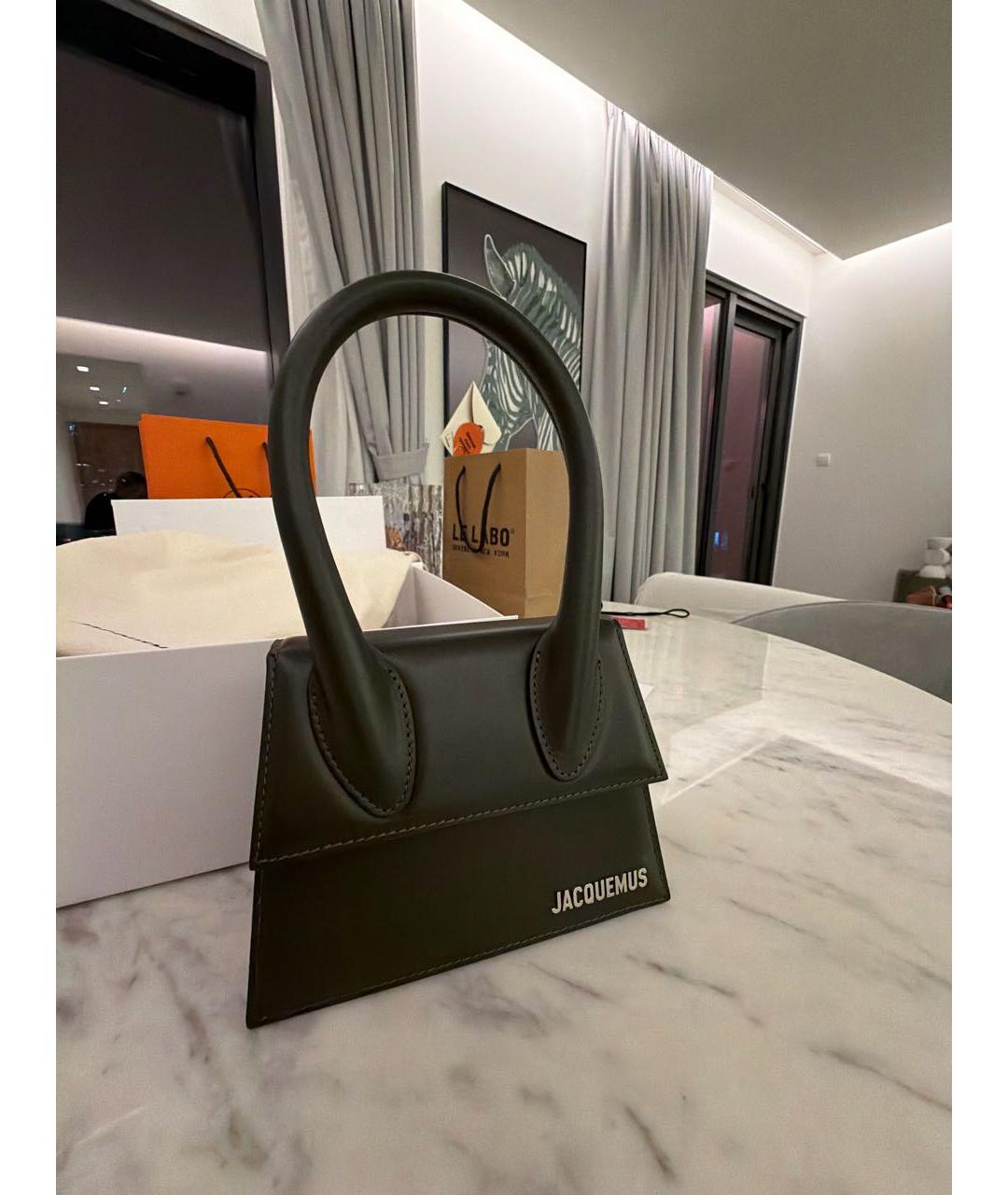 JACQUEMUS Хаки кожаная сумка с короткими ручками, фото 2