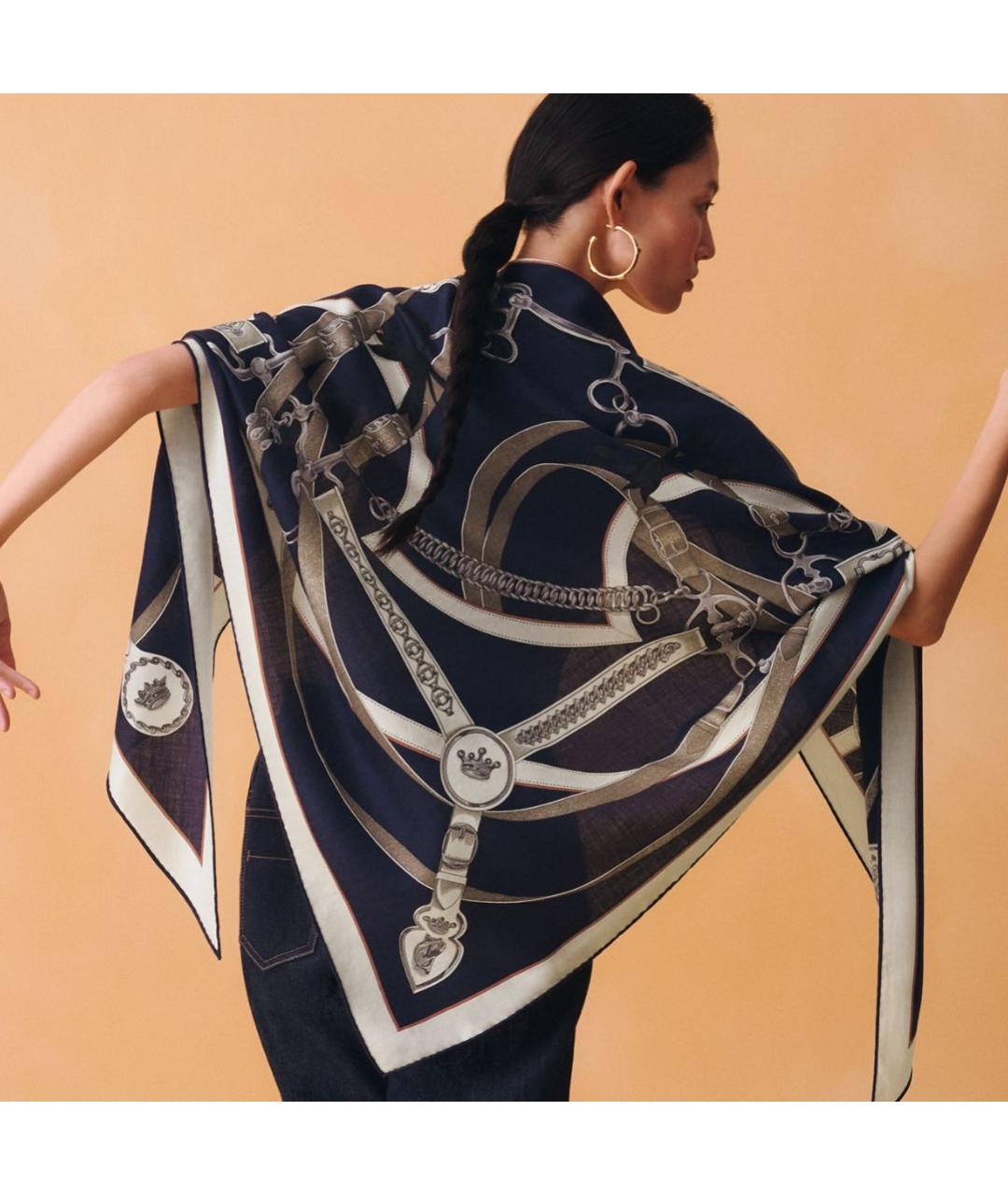 HERMES Темно-синий кашемировый платок, фото 2