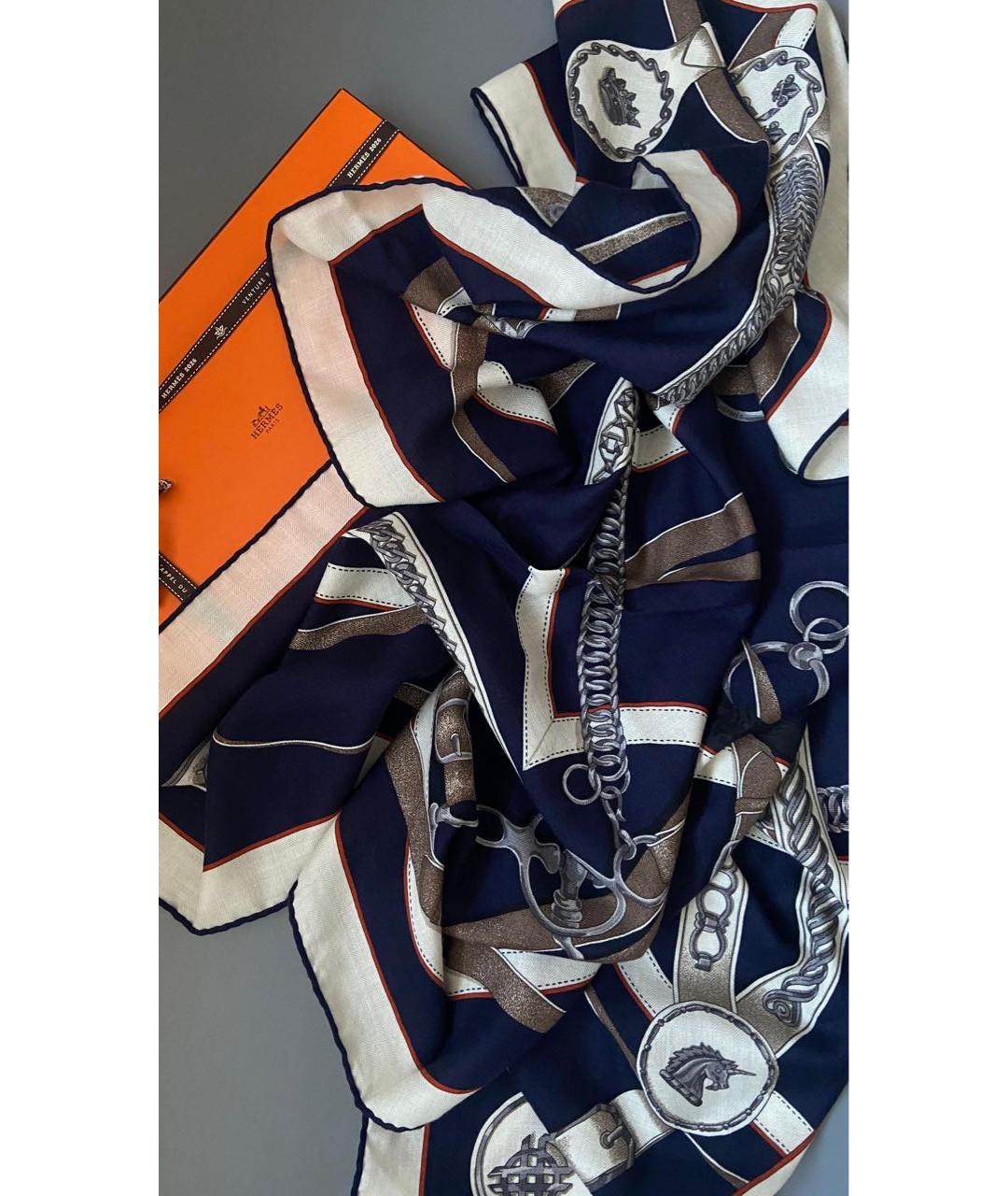 HERMES Темно-синий кашемировый платок, фото 3