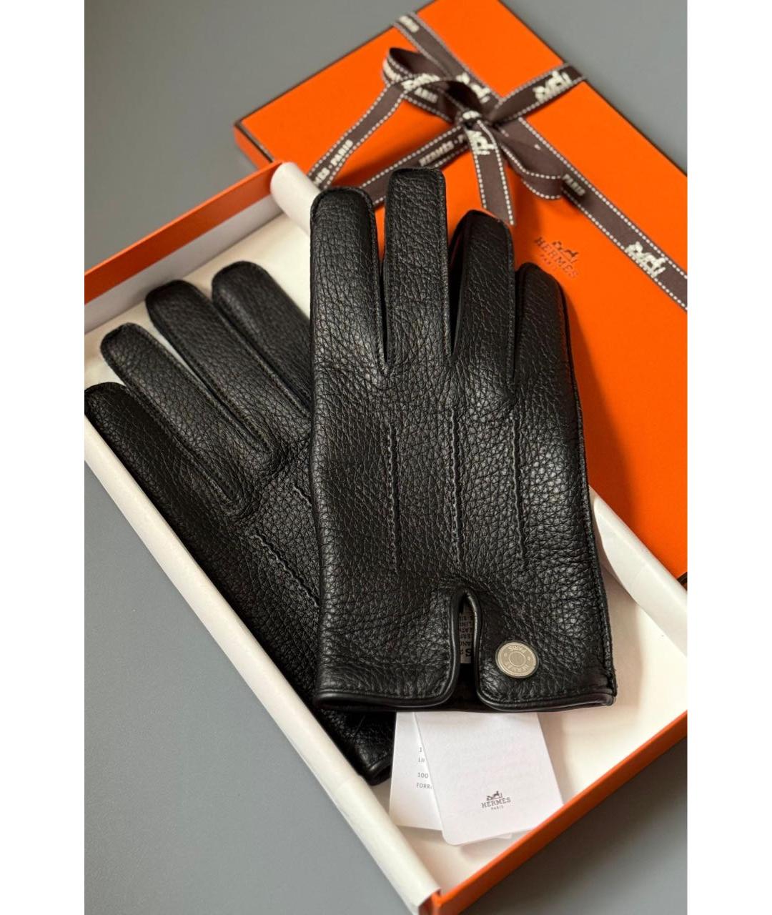 HERMES Черные кожаные перчатки, фото 2