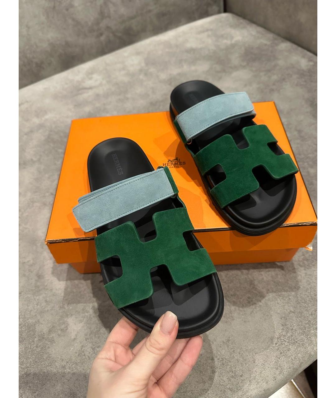 HERMES Зеленые шлепанцы, фото 2