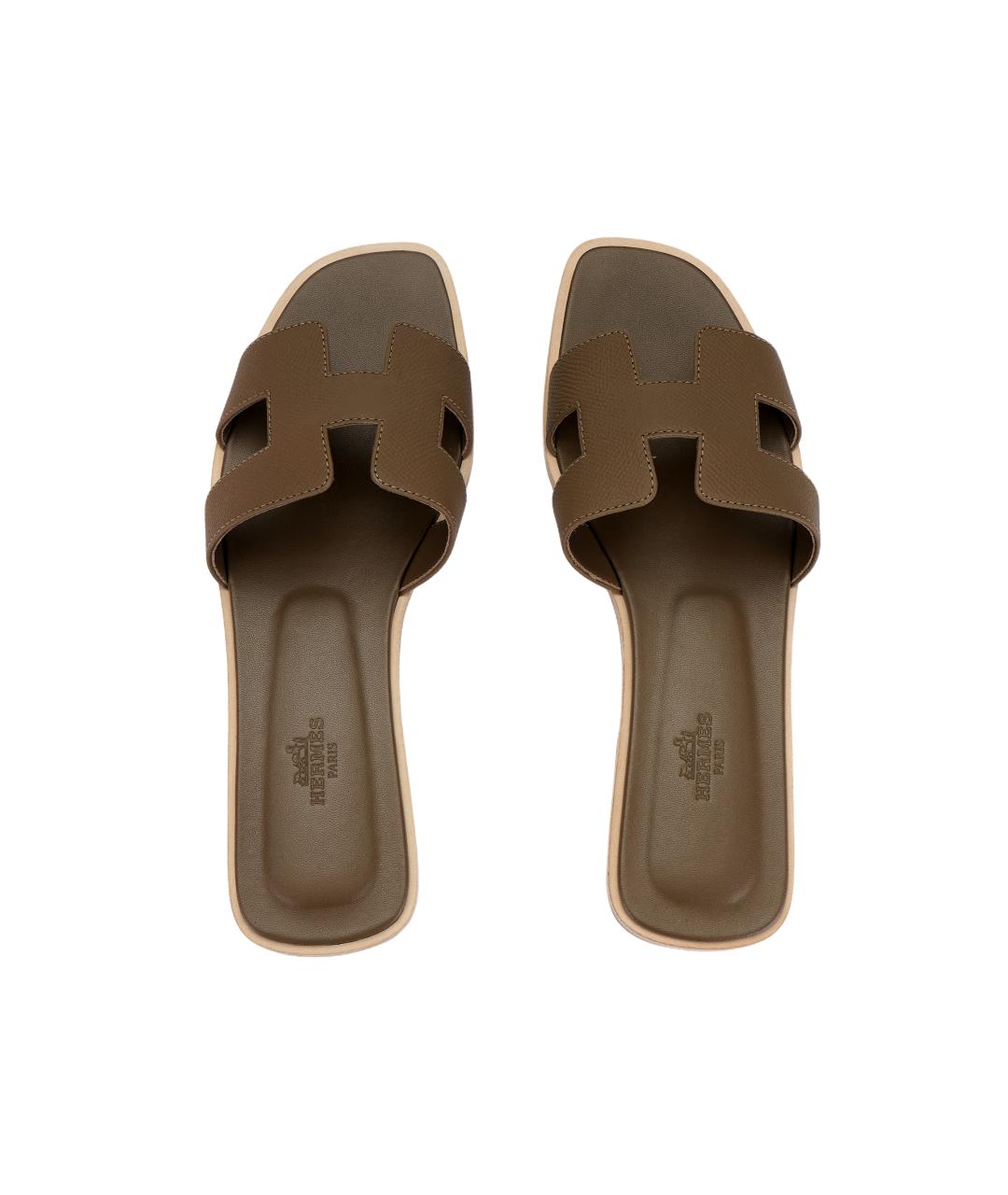 HERMES Хаки кожаные шлепанцы, фото 3