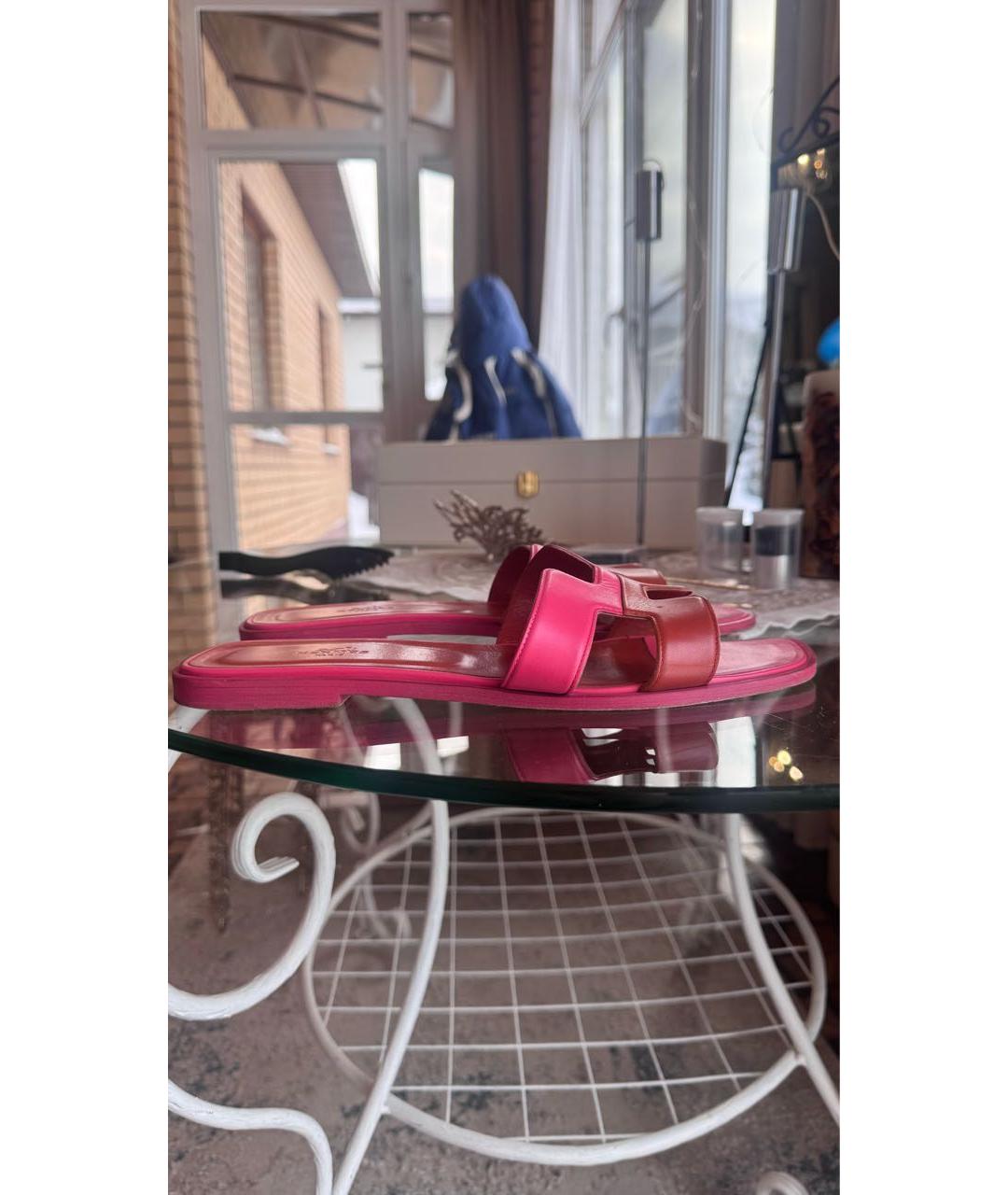 HERMES Розовые кожаные шлепанцы, фото 5