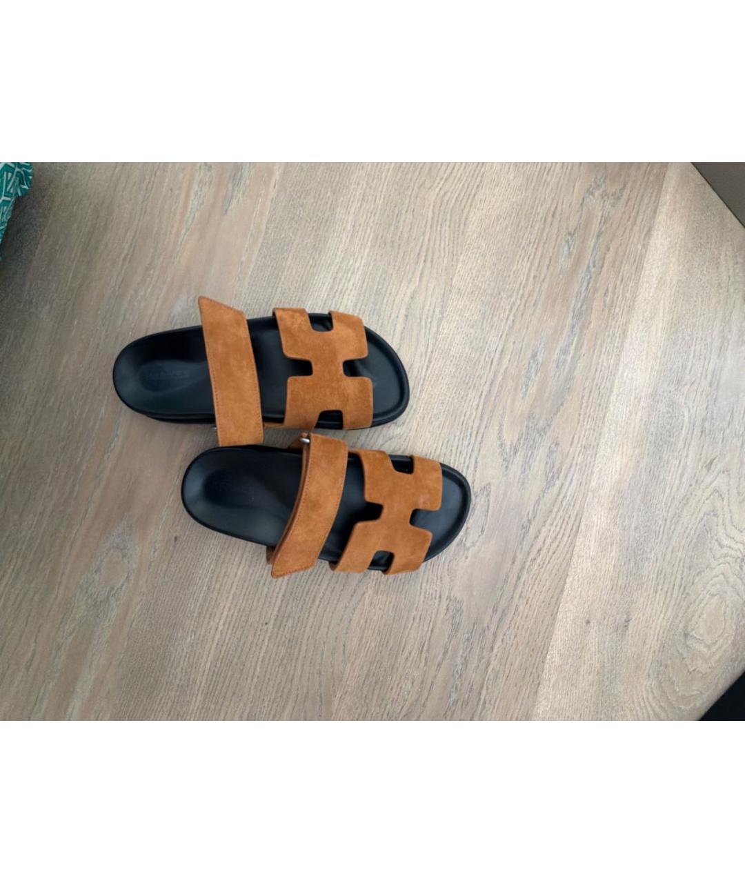 HERMES Коричневые замшевые шлепанцы, фото 3