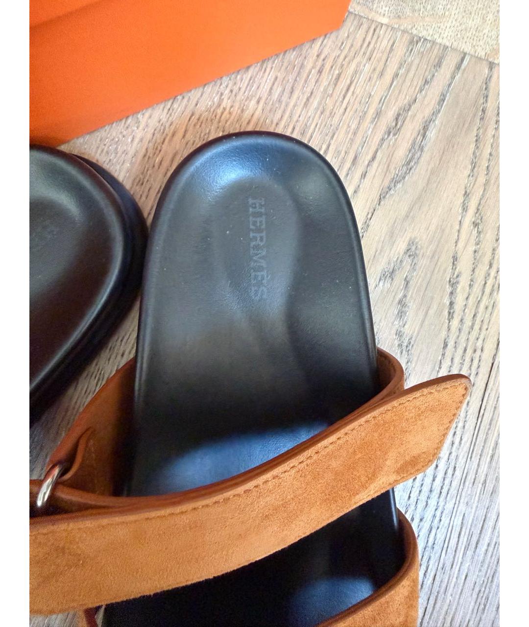 HERMES Коричневые замшевые шлепанцы, фото 6