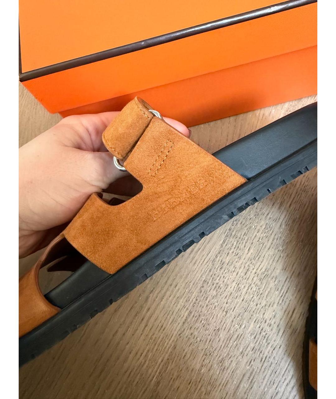 HERMES Коричневые замшевые шлепанцы, фото 5