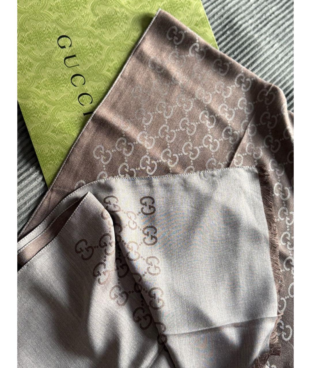 GUCCI Коричневый шерстяной шарф, фото 2