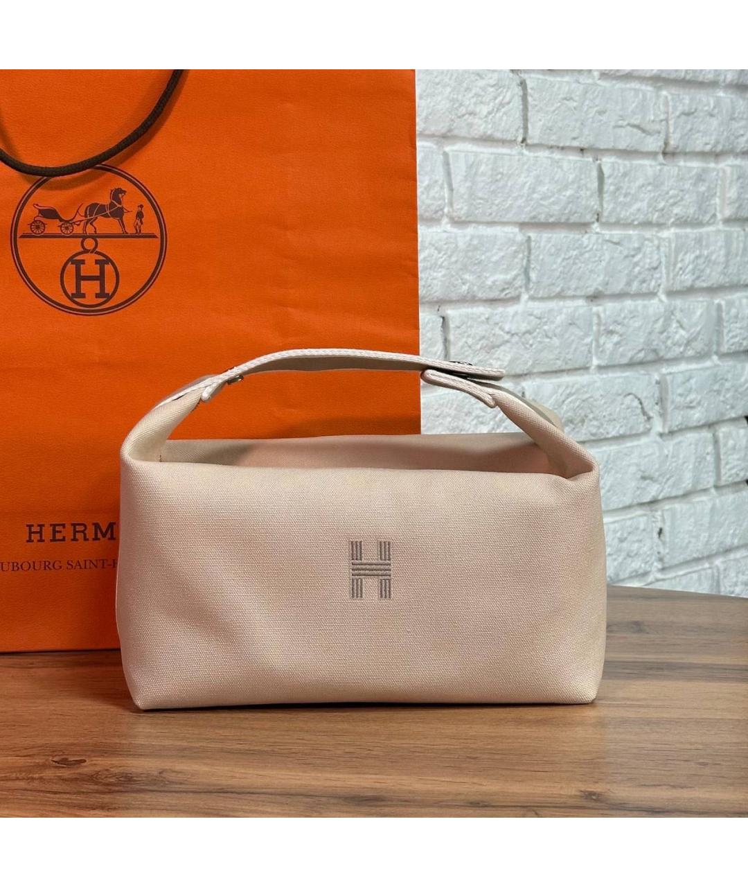 HERMES Бежевая тканевая косметичка, фото 2