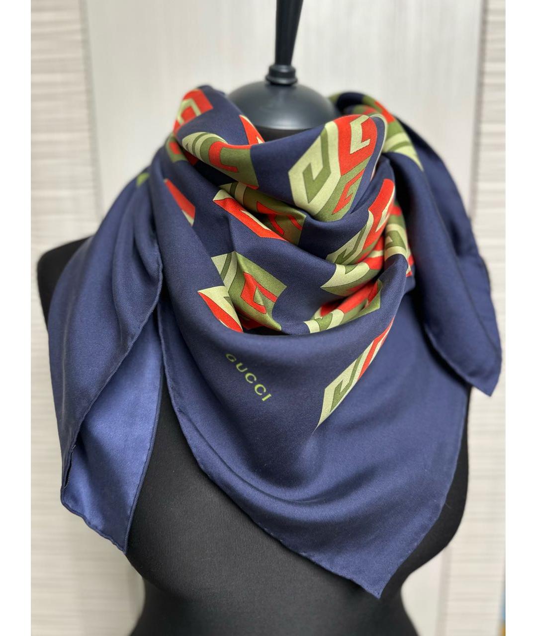 GUCCI Темно-синий шелковый платок, фото 2
