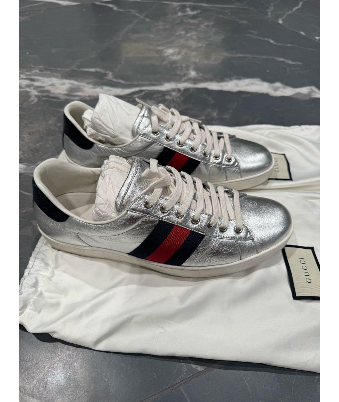 GUCCI Серебряные кожаные низкие кроссовки / кеды, фото 5