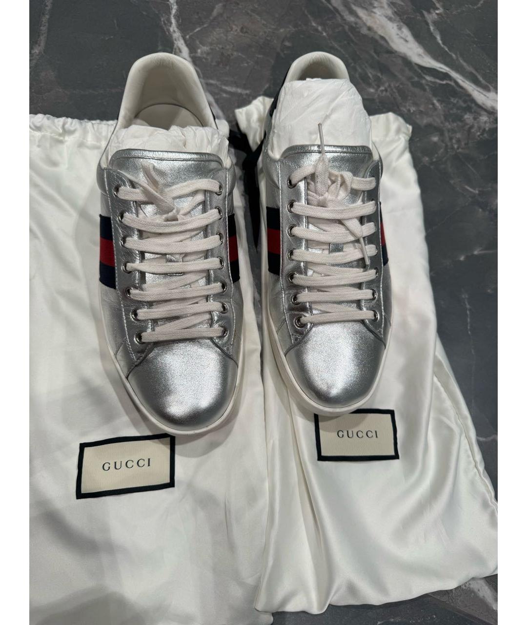 GUCCI Серебряные кожаные низкие кроссовки / кеды, фото 3