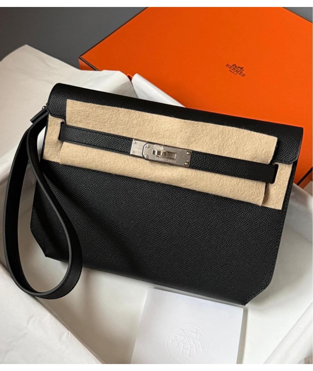 HERMES Черная кожаная барсетка, фото 2