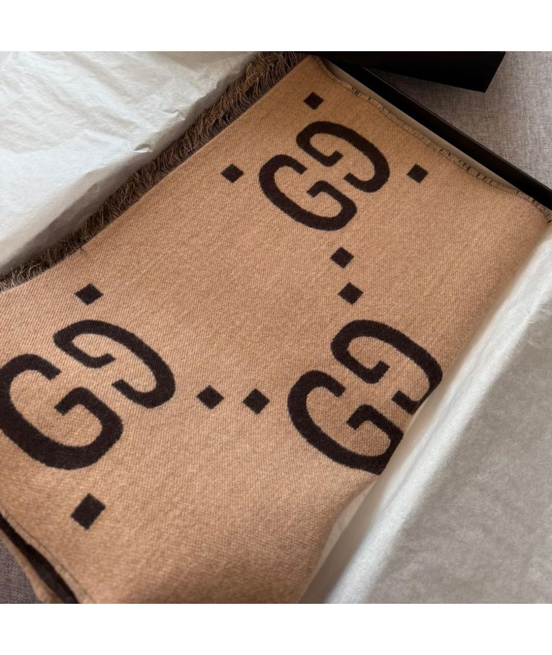 GUCCI Коричневый шерстяной шарф, фото 6