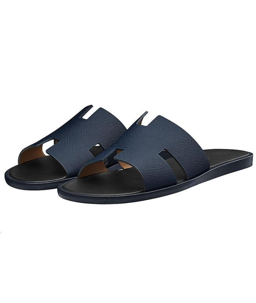 HERMES Синие кожаные шлепанцы, фото 4