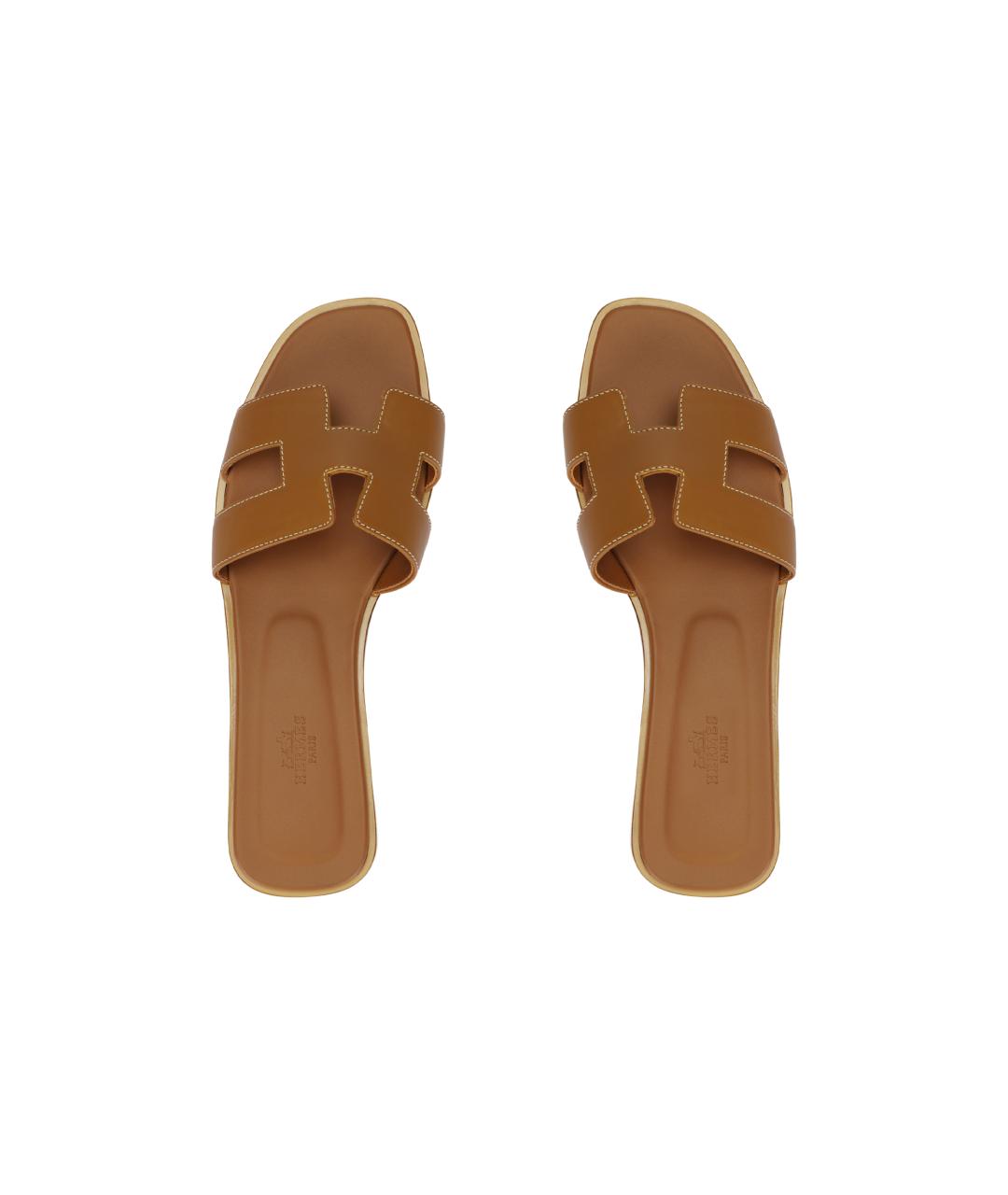 HERMES Коричневые кожаные шлепанцы, фото 3
