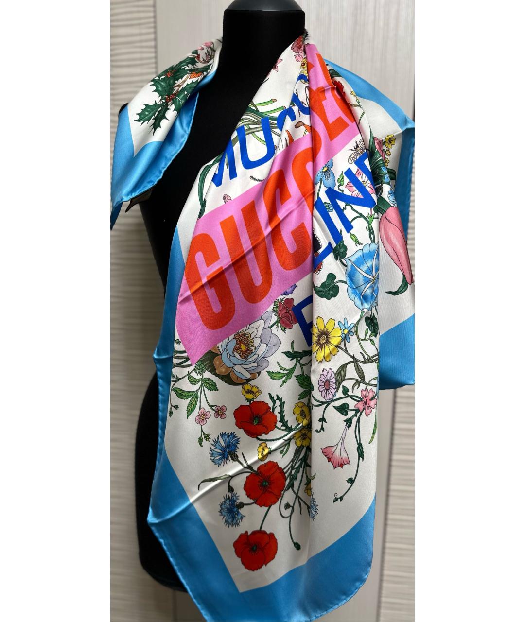 GUCCI Голубой шелковый платок, фото 3