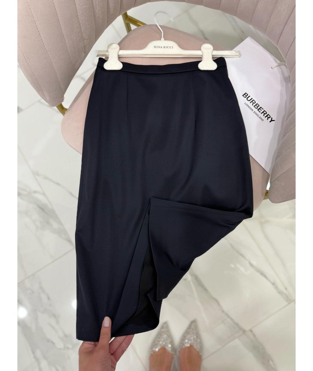 BURBERRY Темно-синяя шерстяная юбка миди, фото 2