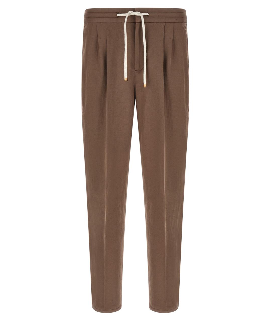BRUNELLO CUCINELLI Коричневые льняные повседневные брюки, фото 1