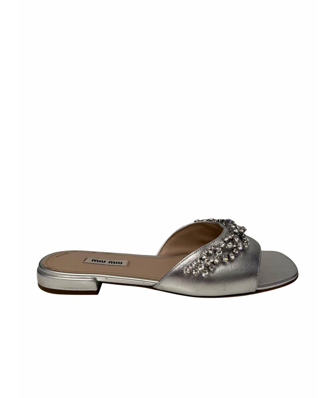 MIU MIU Серебряные кожаные шлепанцы, фото 1