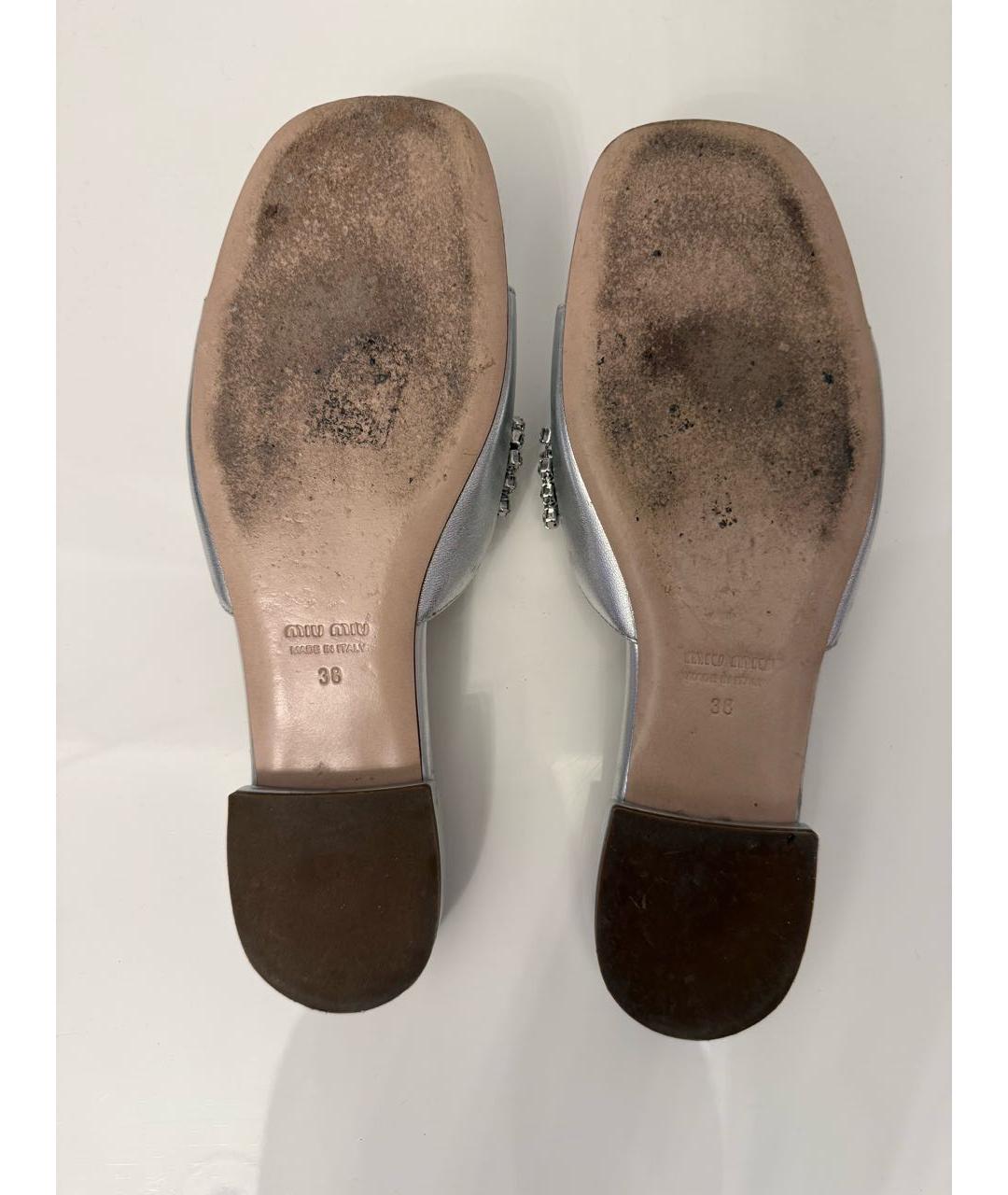 MIU MIU Серебряные кожаные шлепанцы, фото 7