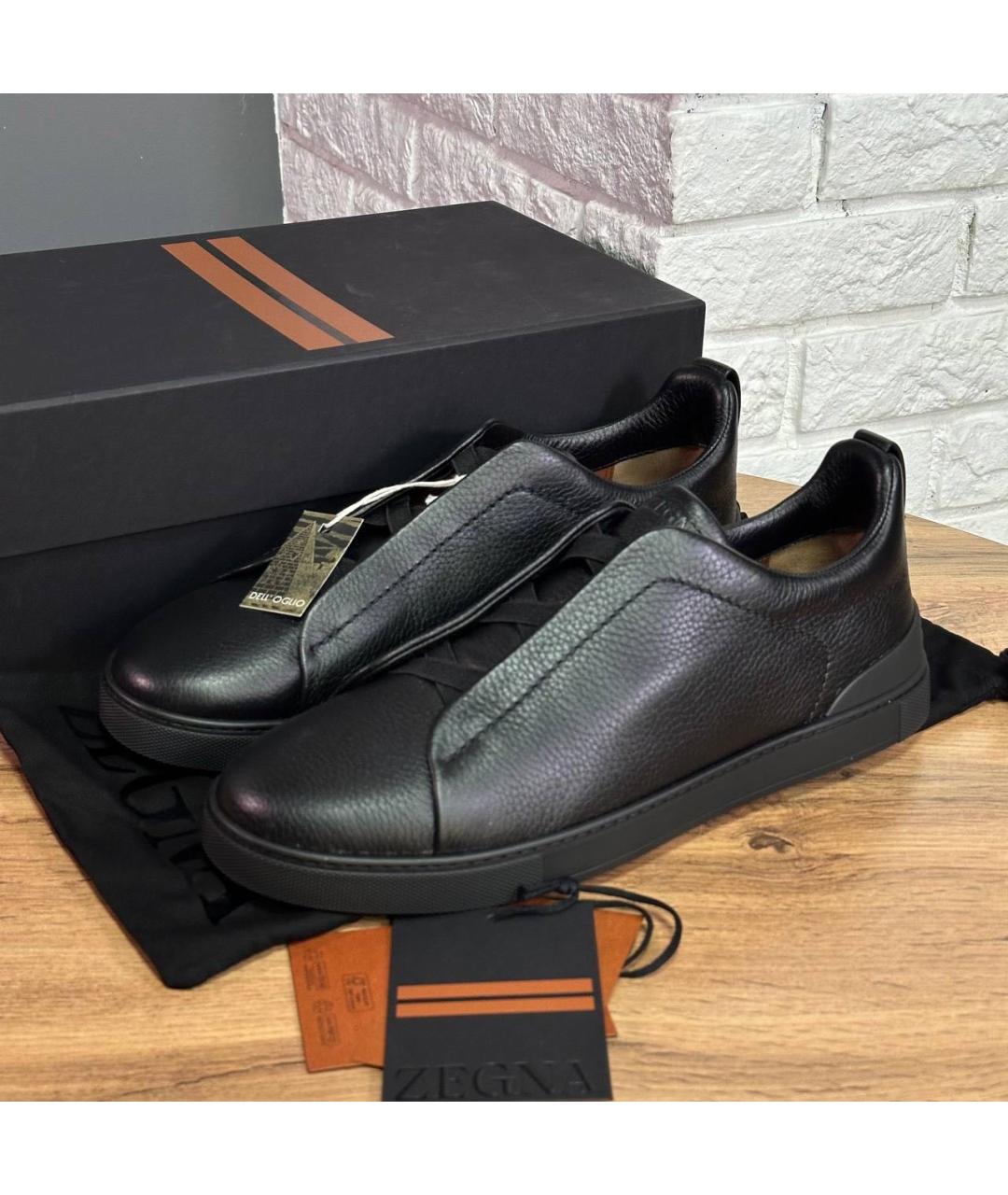 ZEGNA Черные кожаные низкие кроссовки / кеды, фото 2