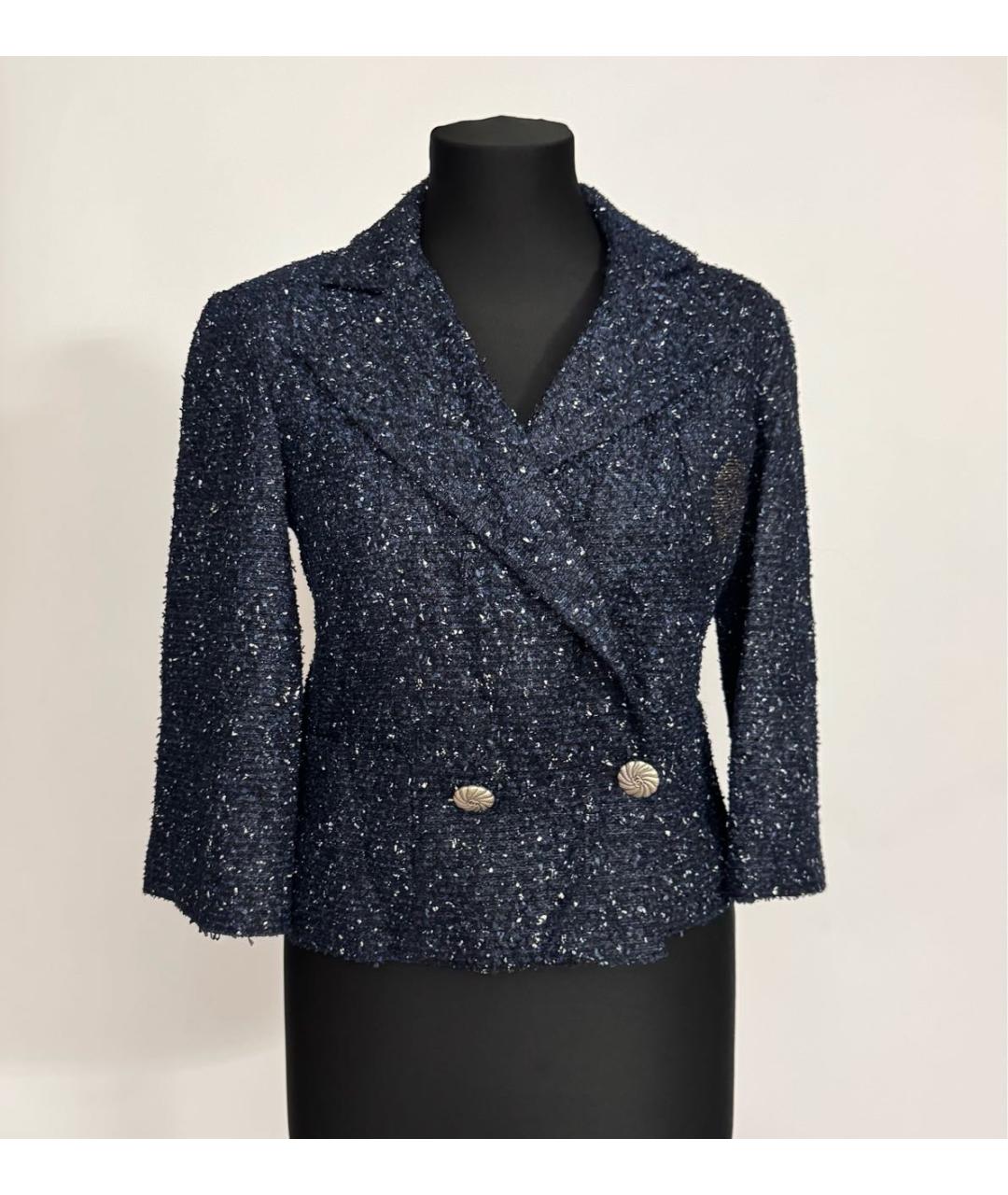 CHANEL Темно-синий твидовый жакет/пиджак, фото 5