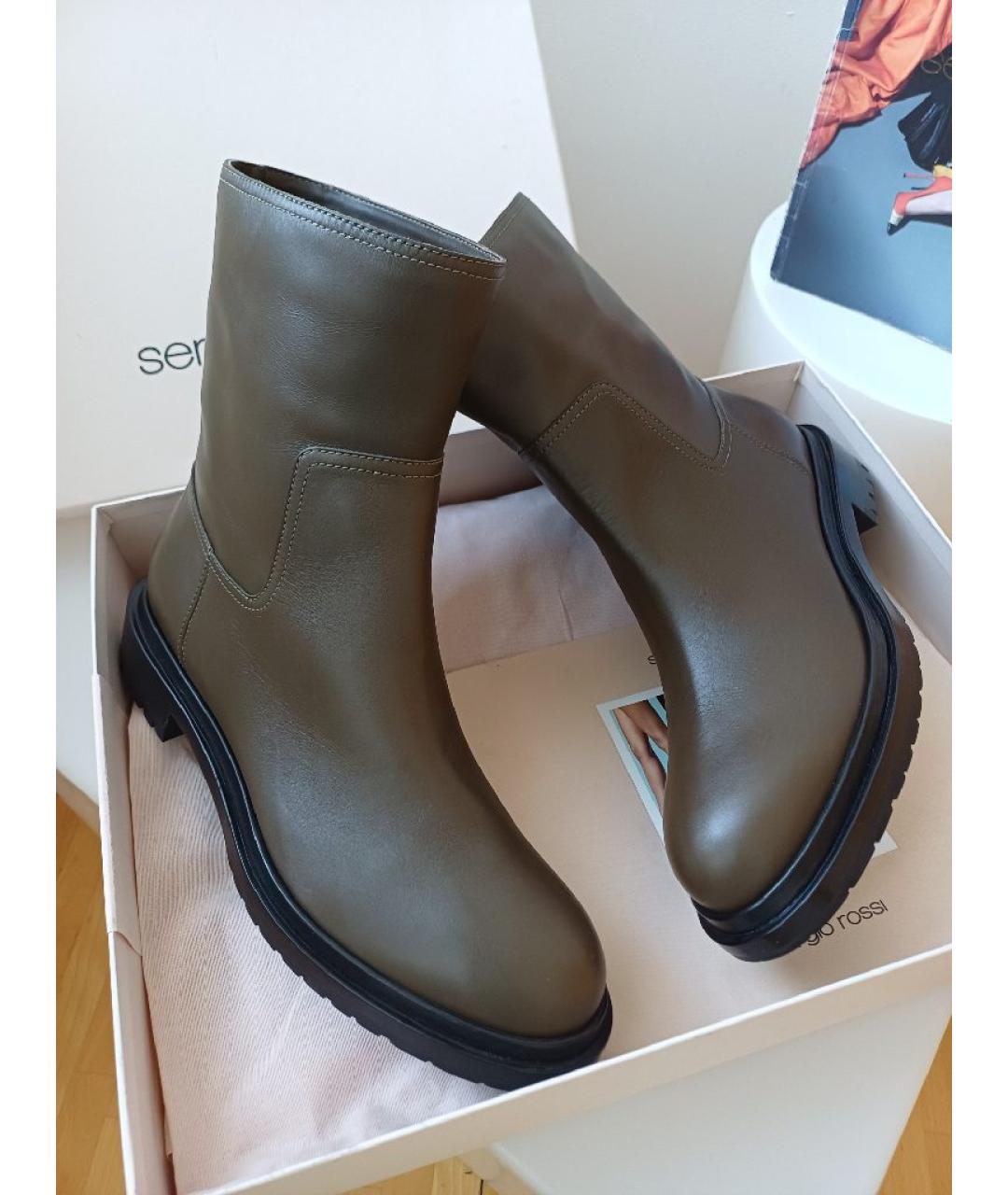 SERGIO ROSSI Хаки кожаные ботинки, фото 5