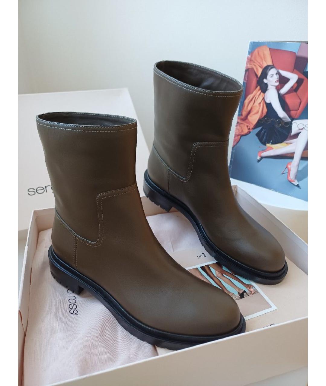 SERGIO ROSSI Хаки кожаные ботинки, фото 3