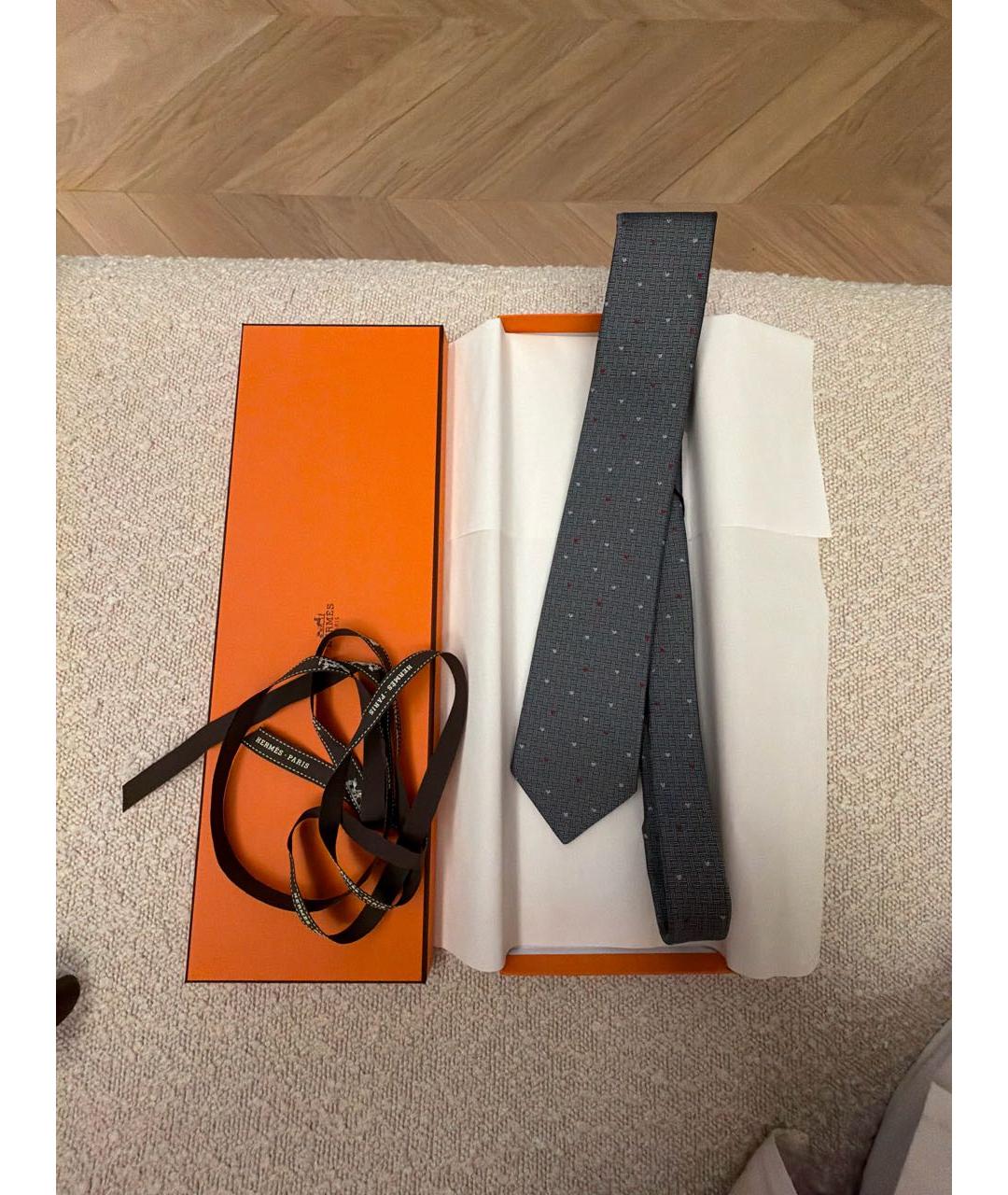HERMES Серый шелковый галстук, фото 5