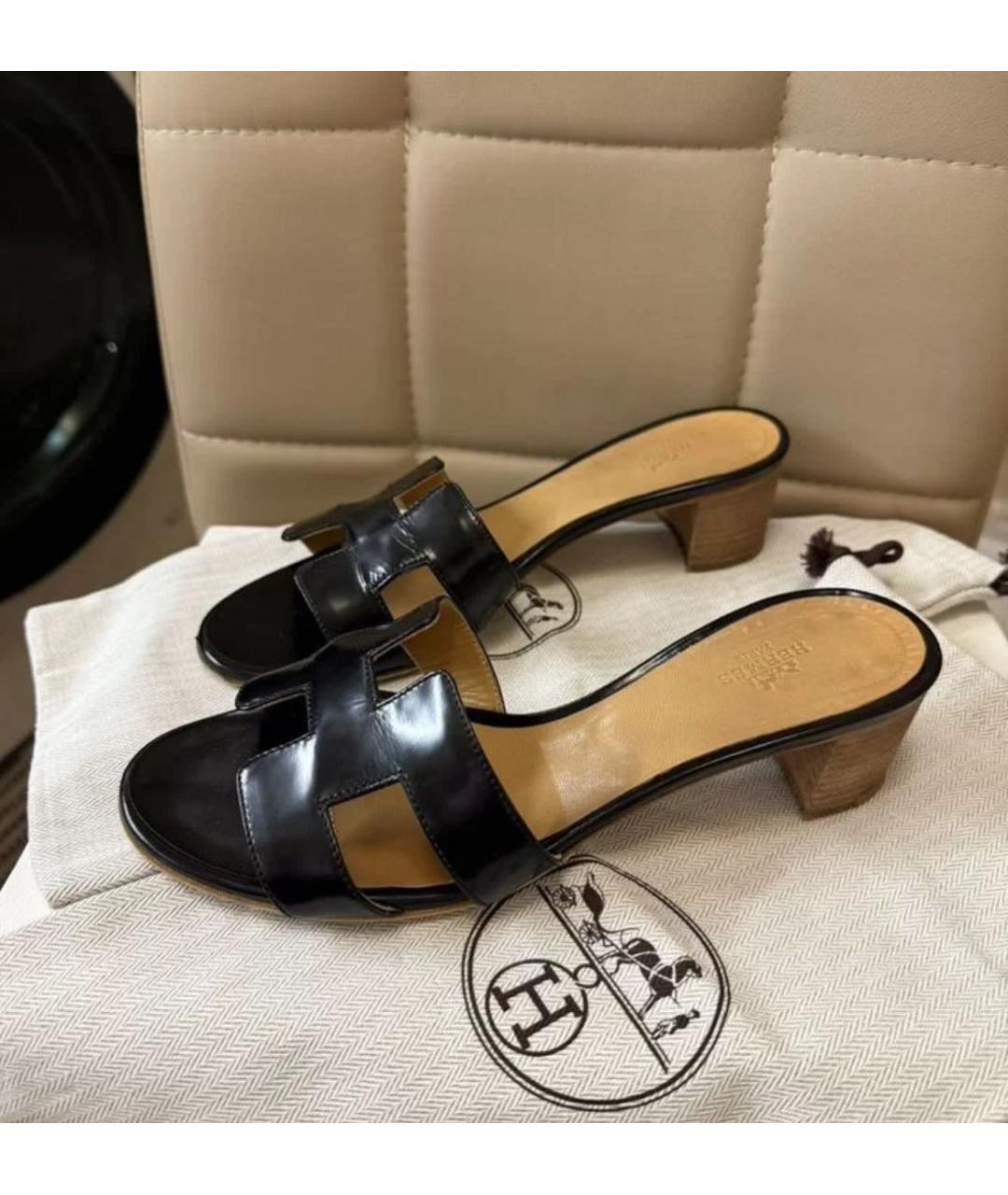 HERMES Черные кожаные мюли, фото 2