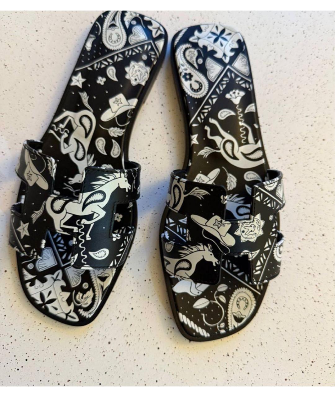 HERMES Черные кожаные шлепанцы, фото 2