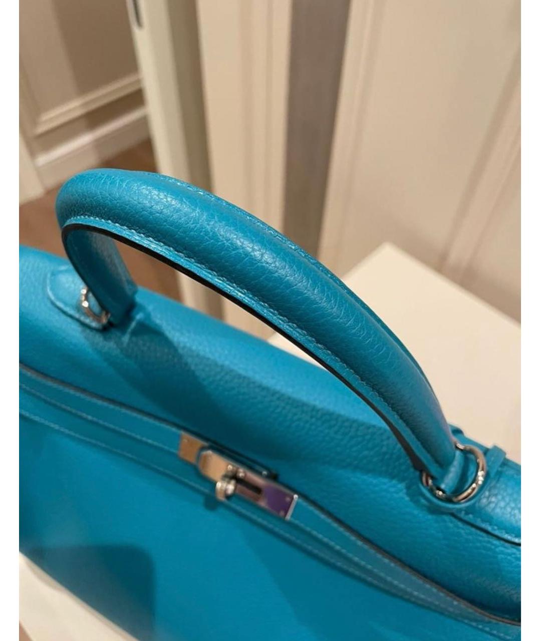 HERMES Голубая кожаная сумка с короткими ручками, фото 4