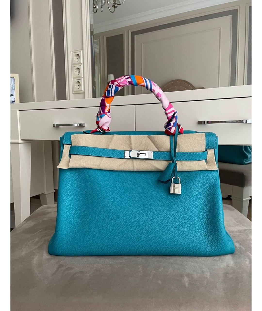 HERMES Голубая кожаная сумка с короткими ручками, фото 9