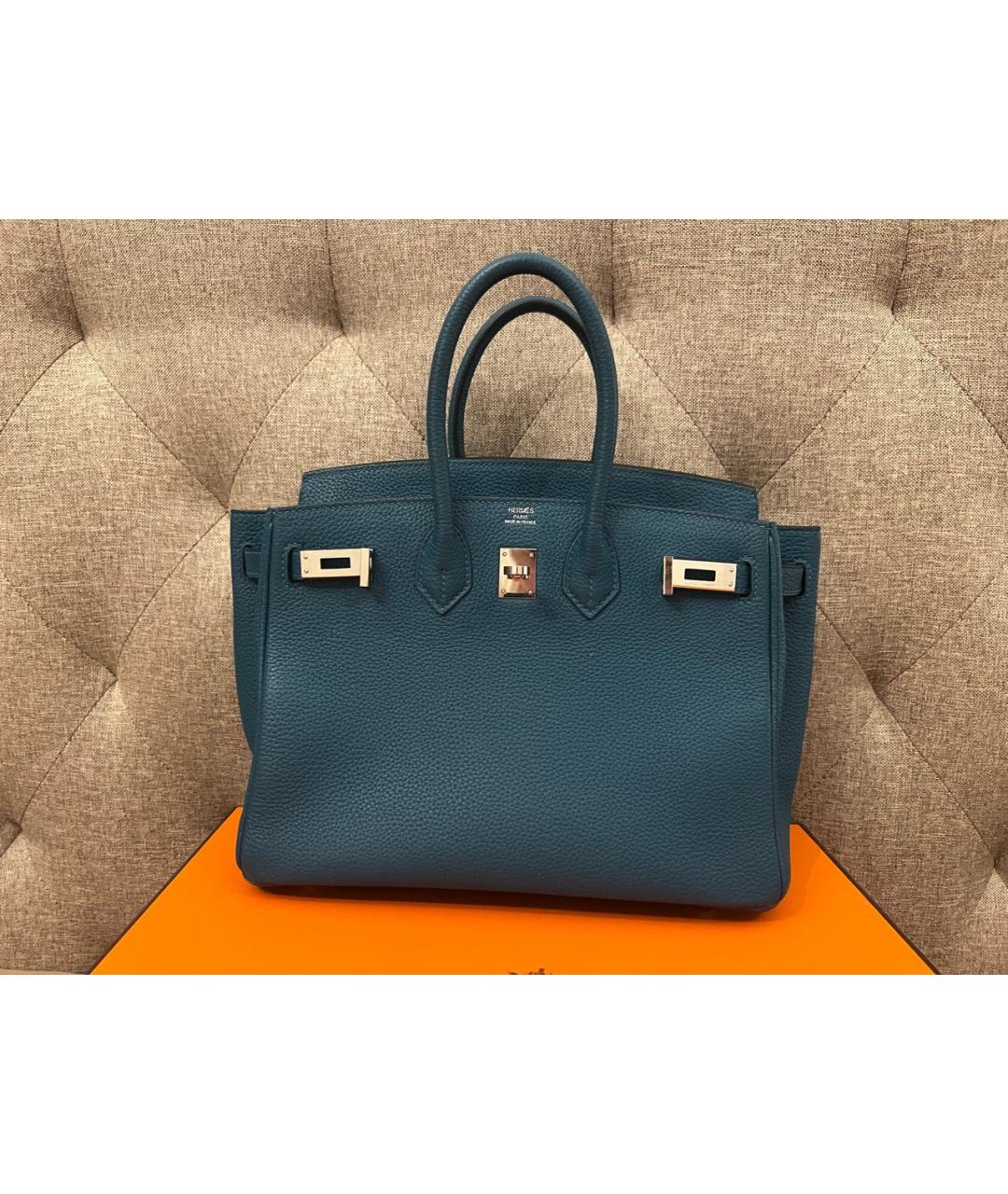 HERMES Синяя кожаная сумка с короткими ручками, фото 3