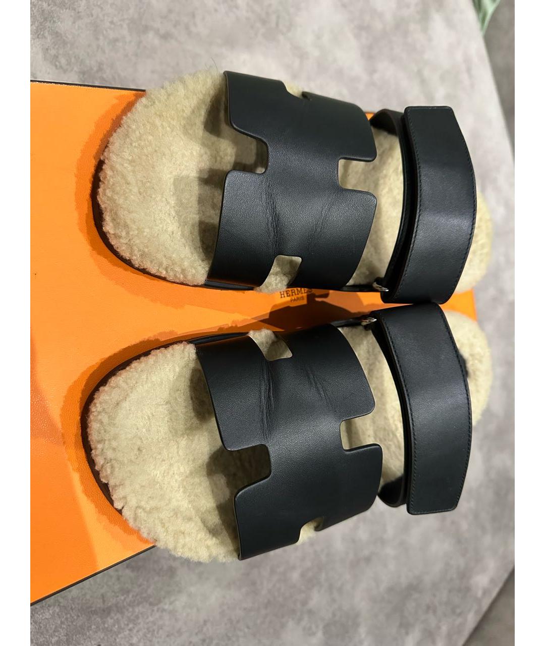 HERMES Черные кожаные шлепанцы, фото 8