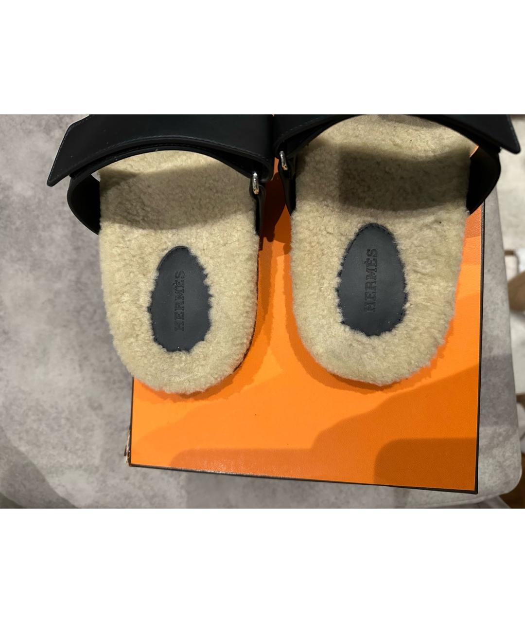 HERMES Черные кожаные шлепанцы, фото 3