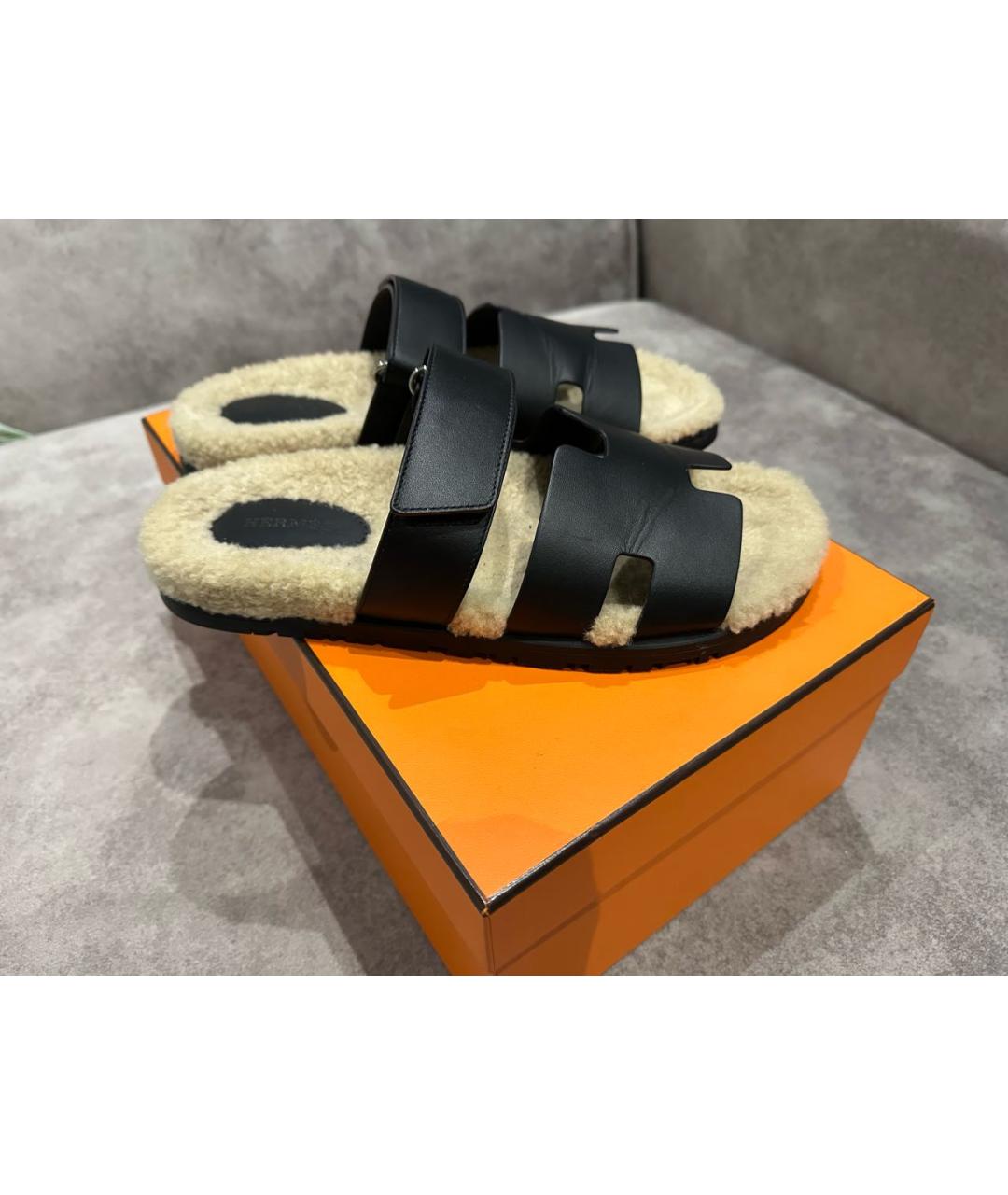 HERMES Черные кожаные шлепанцы, фото 9