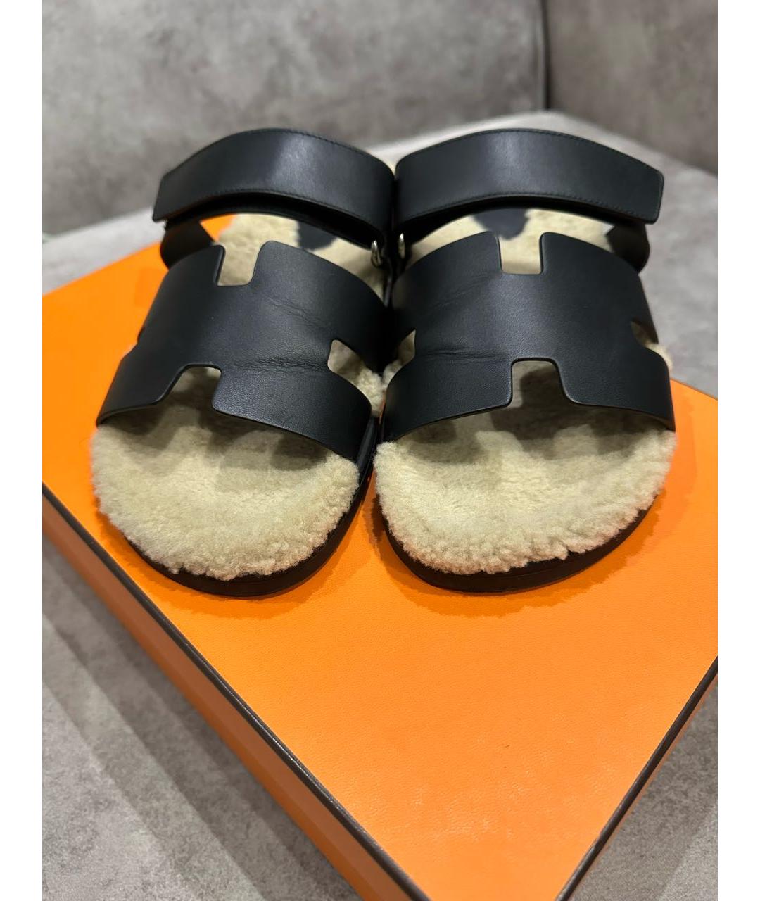 HERMES Черные кожаные шлепанцы, фото 4