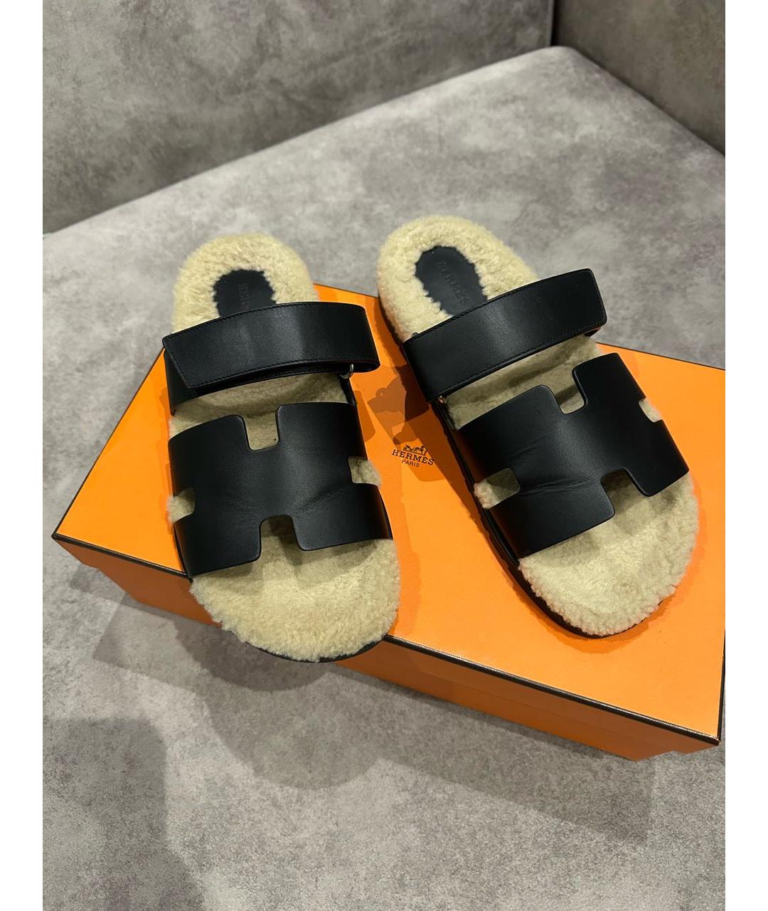HERMES Черные кожаные шлепанцы, фото 2