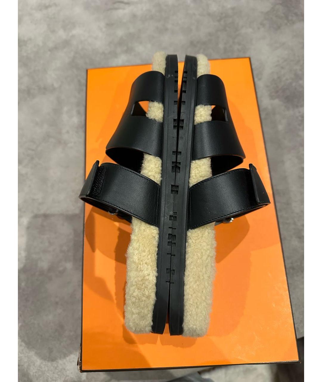 HERMES Черные кожаные шлепанцы, фото 6